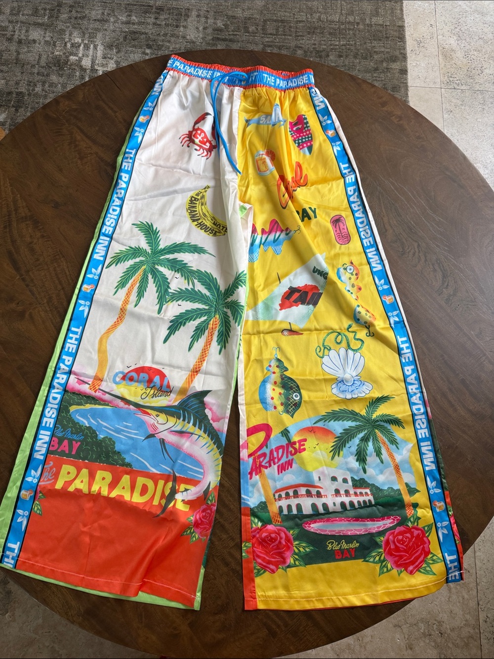 NWT Women’s Tropical Print Wide-Leg Pants in Yellow & White & Orange & Blue Sz M